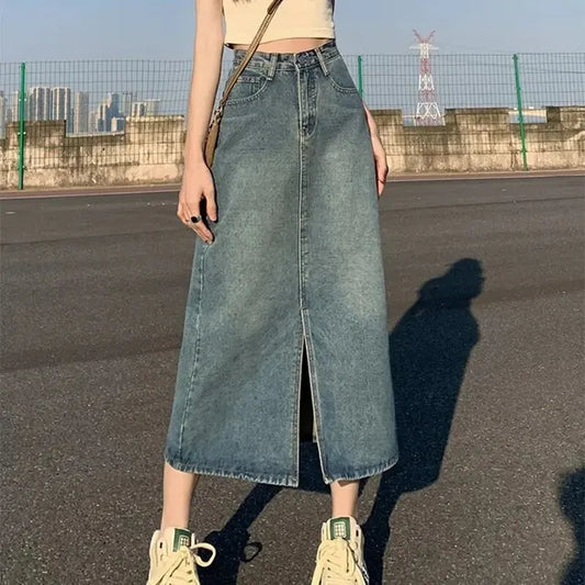 Dam Hög Midja Denimrock Slits LÀtt Denim 1