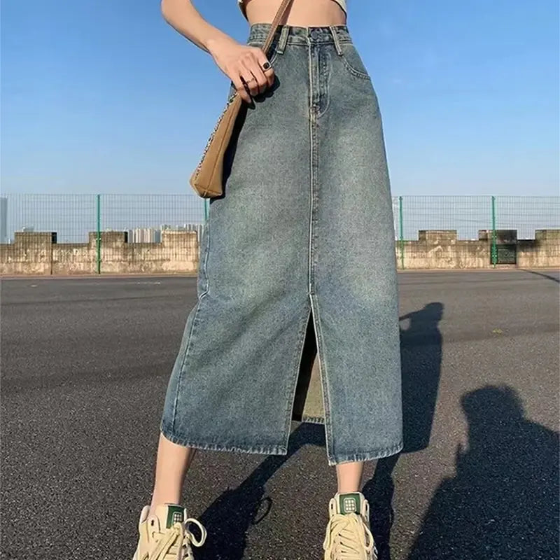 Dam Hög Midja Denimrock Slits Lätt Denim 5