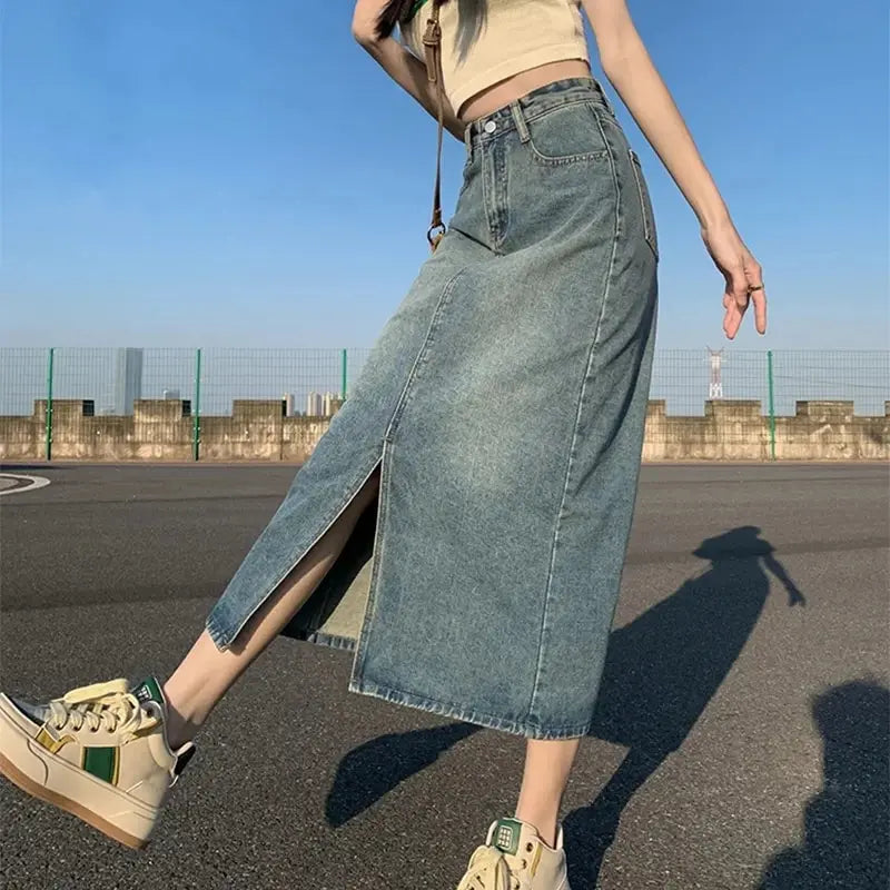 Dam Hög Midja Denimrock Slits Lätt Denim 4