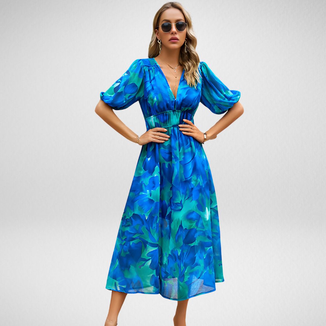 Kvinnors MIDI Klänning V-hals Bomull Polyester 9