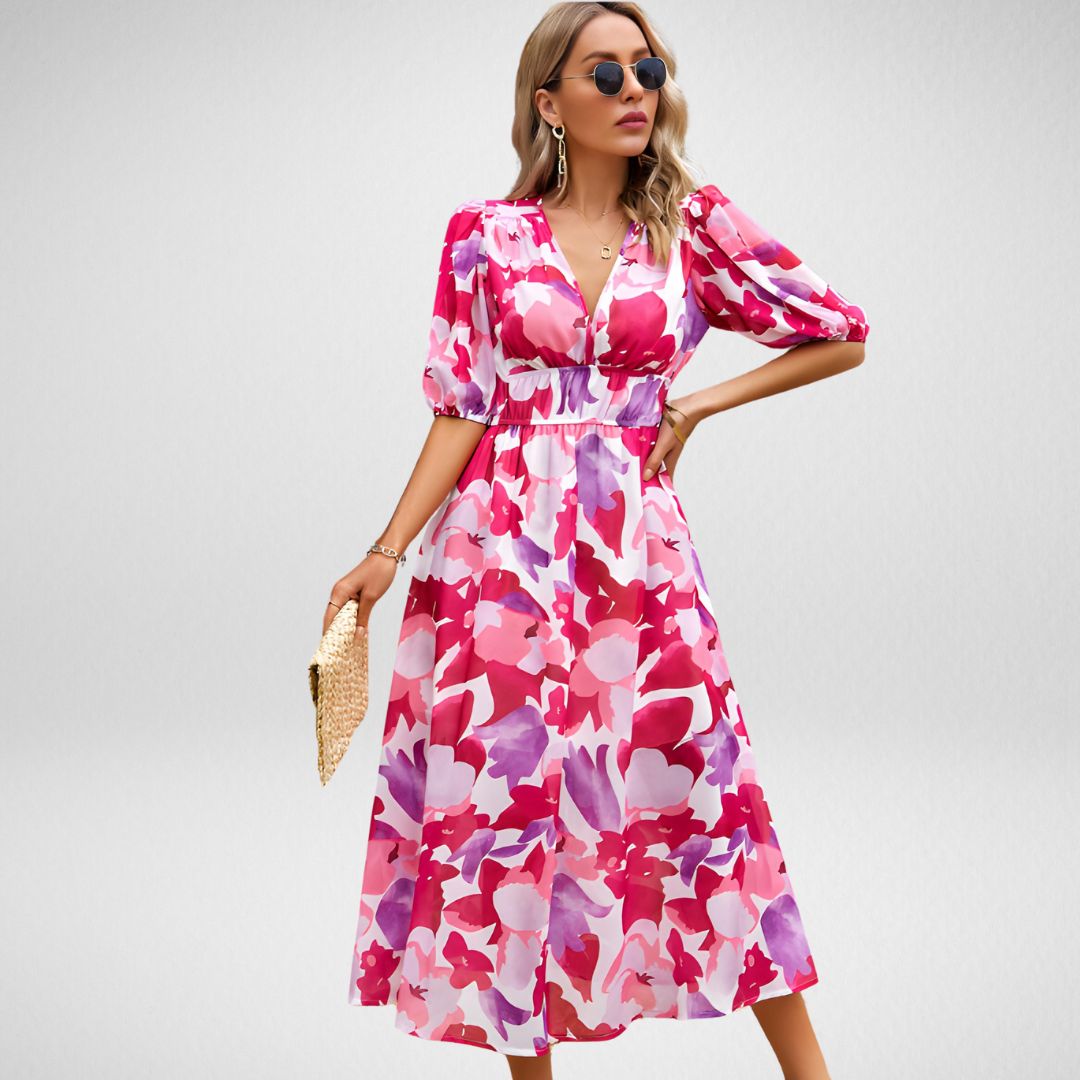 Kvinnors MIDI Klänning V-hals Bomull Polyester 6