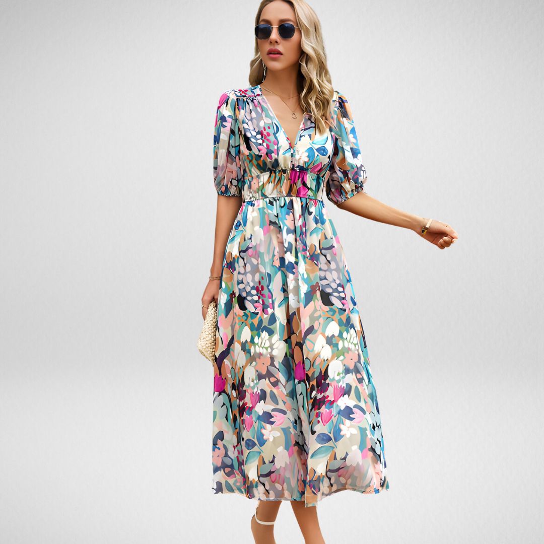 Kvinnors MIDI Klänning V-hals Bomull Polyester 11