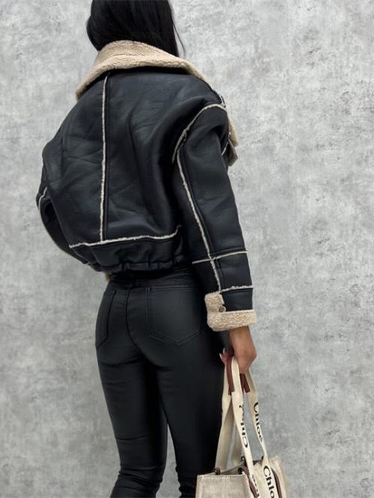 Dam Lädercyklistjacka Biker Sherpa-foder-2