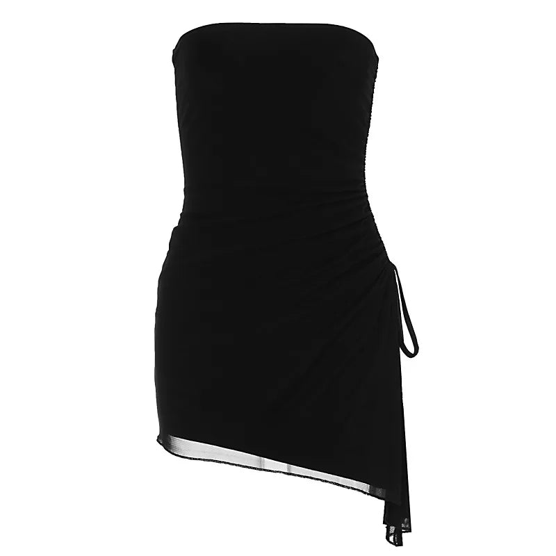 Mini Klänning för Kvinna i Elegant Svart Polyester – Modern Design med Axelframhävning och Lekfull Längd 5