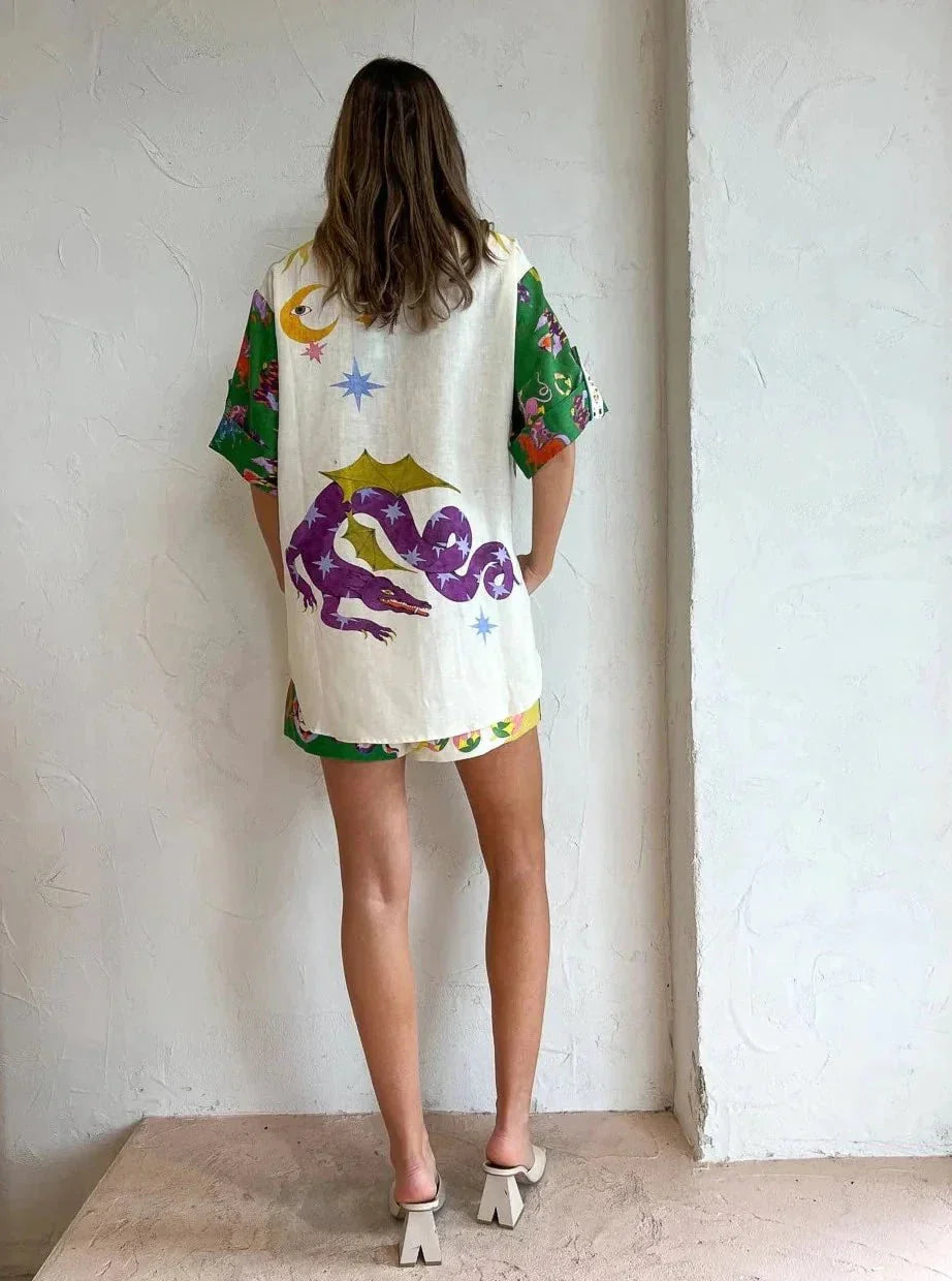 Kvinna Kortärmad Skjorta och Shorts Set Lätt Linne-2