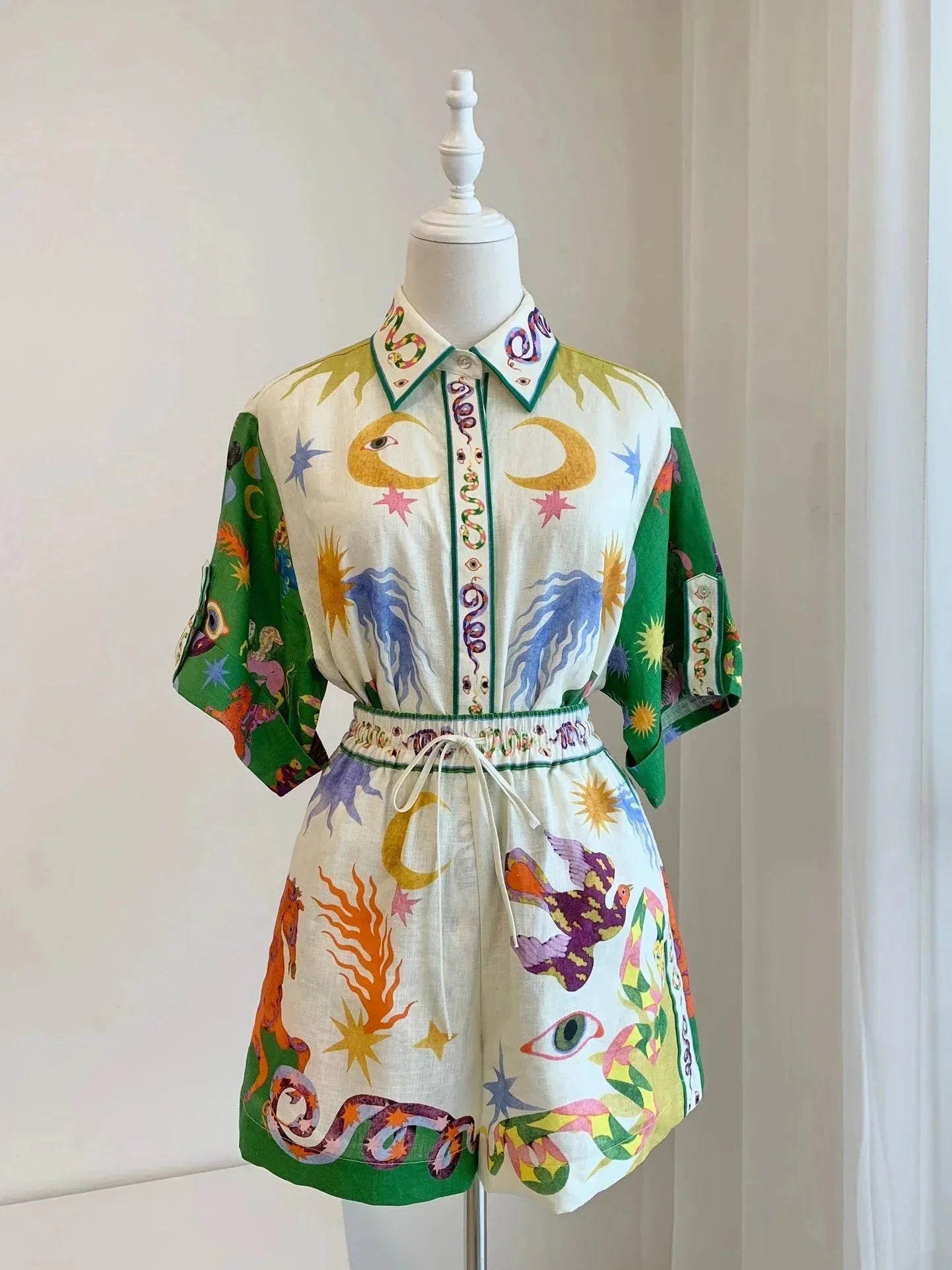 Kvinna Kortärmad Skjorta och Shorts Set Lätt Linne-4