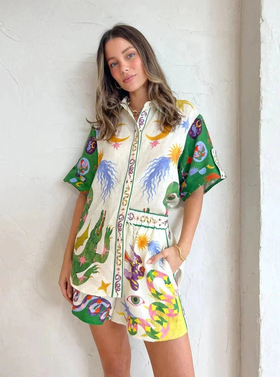 Variant image for Kvinna Kortärmad Skjorta och Shorts Set Lätt Linne-1