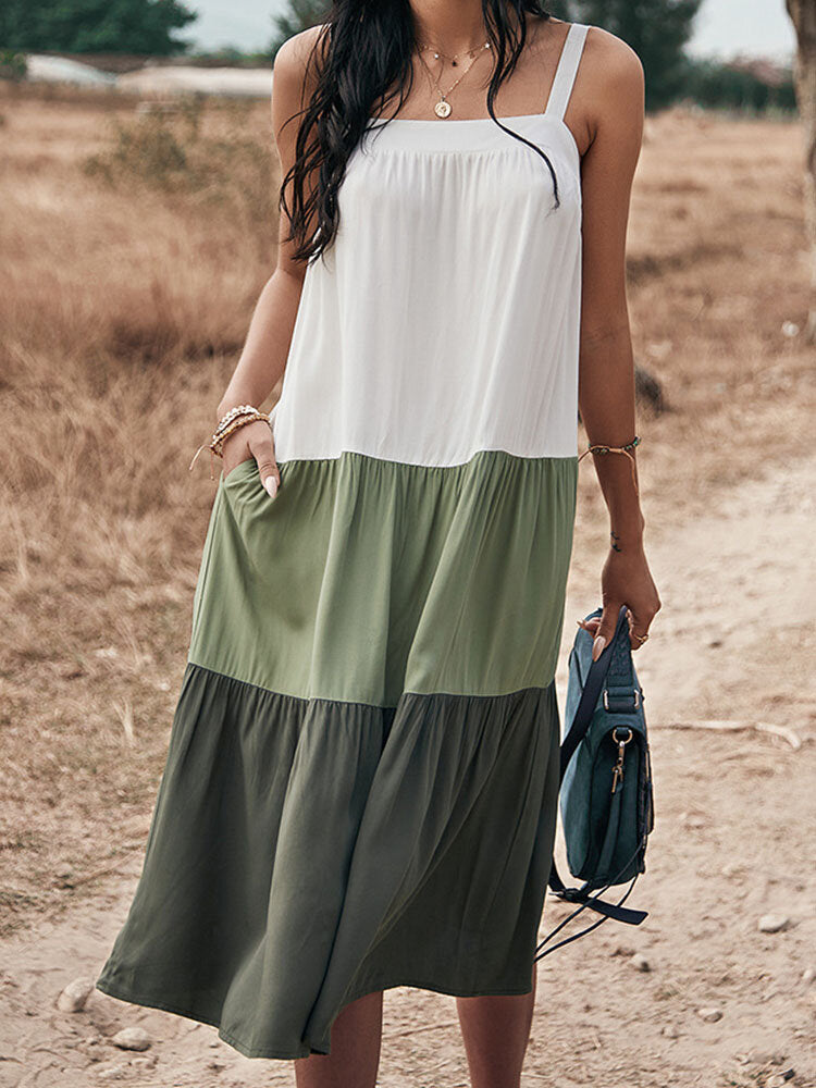 Kvinnors Midi Klänning Avslappnad Bomull med Fickor-3