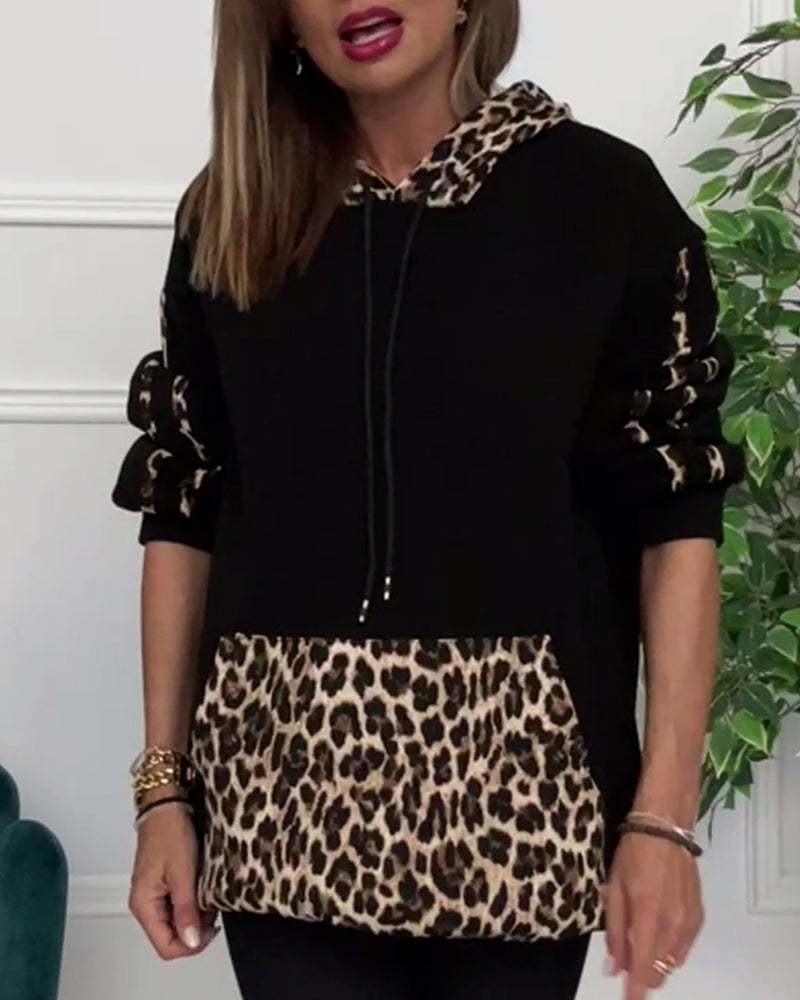 Dam Huvtröja Avslappnad Leopardmönster Polyester-4