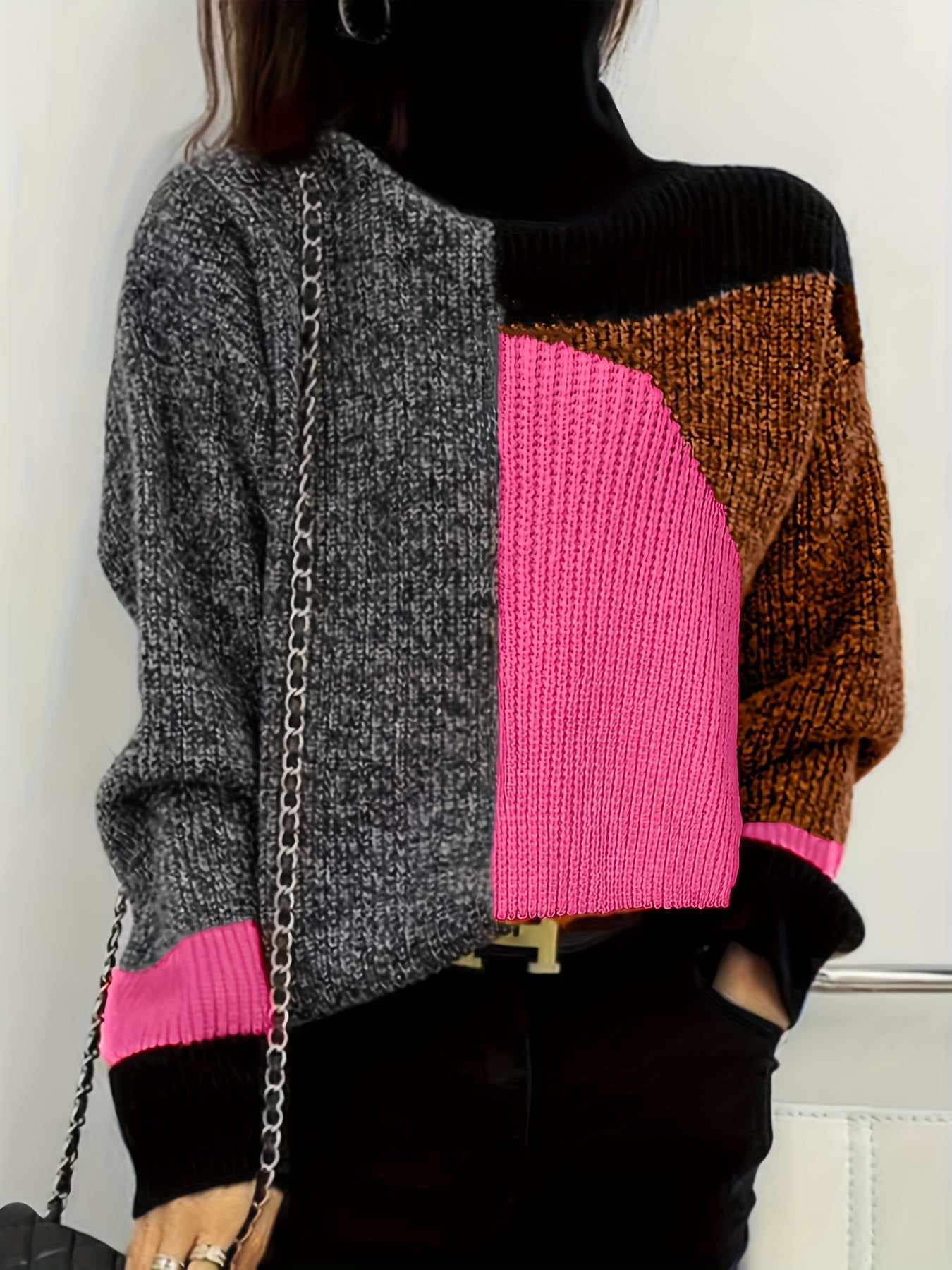 Stickad Dam Tröja Turtleneck Mjuk Tyg med Sänkta Axlar-3