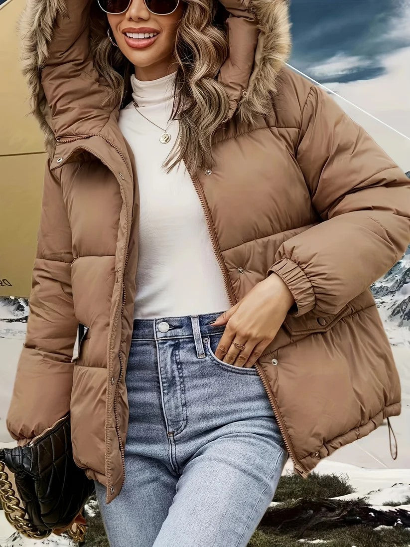 Kvinnors Lång Vinterjacka Med Syntetisk Päls Huva-2