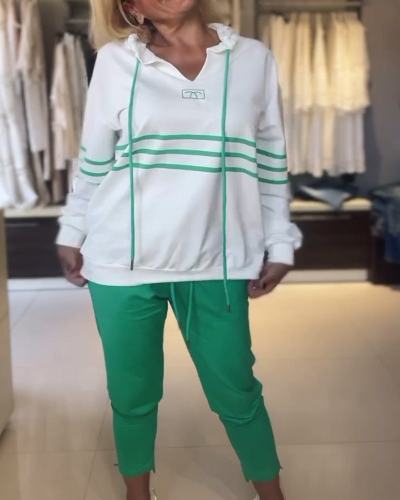 Dam Byxuppsättning Randiga Byxor Huvajacka 100% Bomull-5