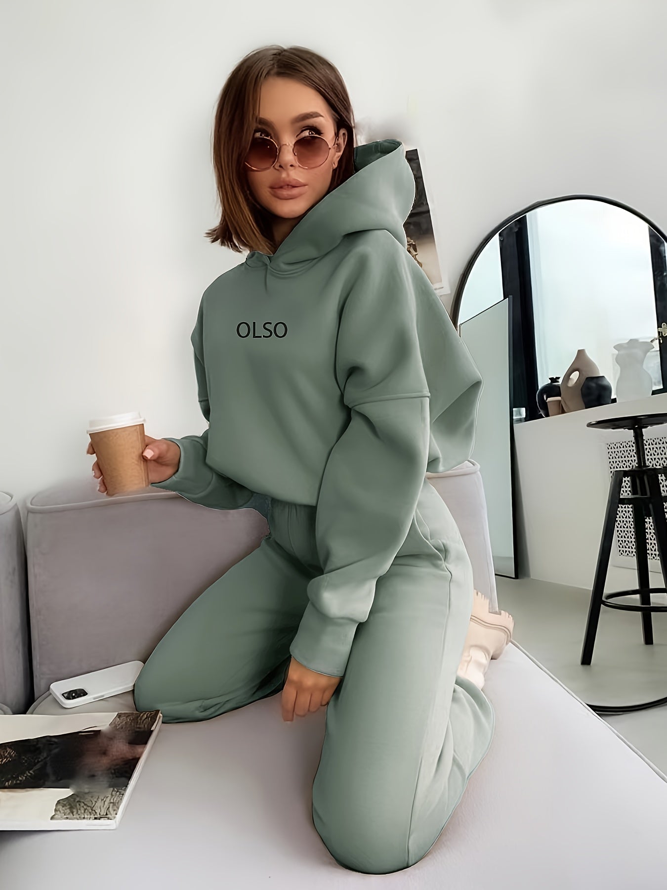 Kvinnors Hooded Set Mjuk Bomull med Långärmad Tröja och Joggingbyxor-2