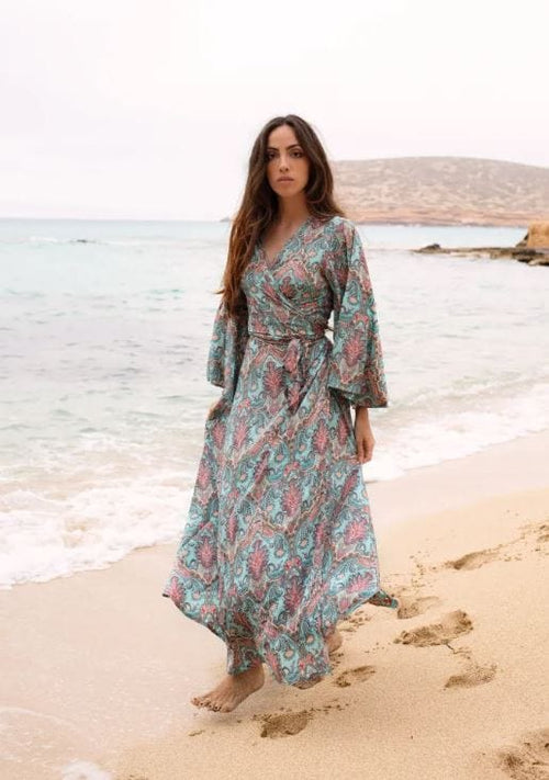 Dam Klänning Wrap 100% Bomull Blå-1