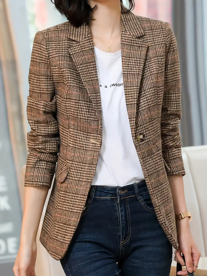 Rutigt Dam Blazer med En-Knappsstängning och Distinkt Lapel – Högkvalitativt Tyg för Elegant Stil 3