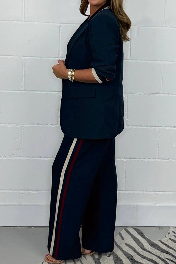 Damer Blazer Set Modern Stil Mjukt Blandningstyg med Randiga Byxor-4