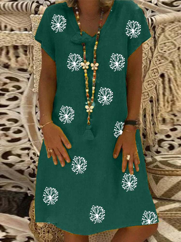 Dam Klänning Midi Blommönster V-ringning Korta Ärmar Polyester-5