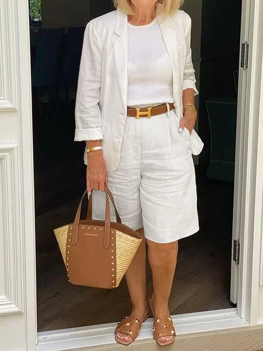 Dam Tvådelad Outfit Långärmad Kappa och Shorts i Bomull och Linne-1