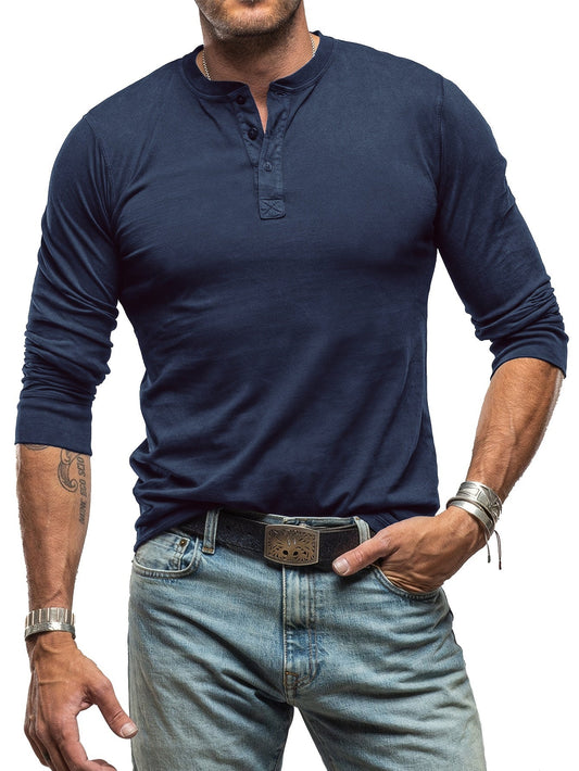 Herrskjorta LÄngÀrmad Henley Vintage Stil Elastiskt Tyg-1