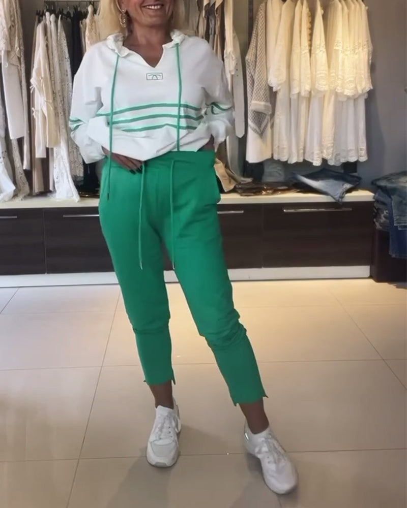 Dam Byxuppsättning Randiga Byxor Huvajacka 100% Bomull-4