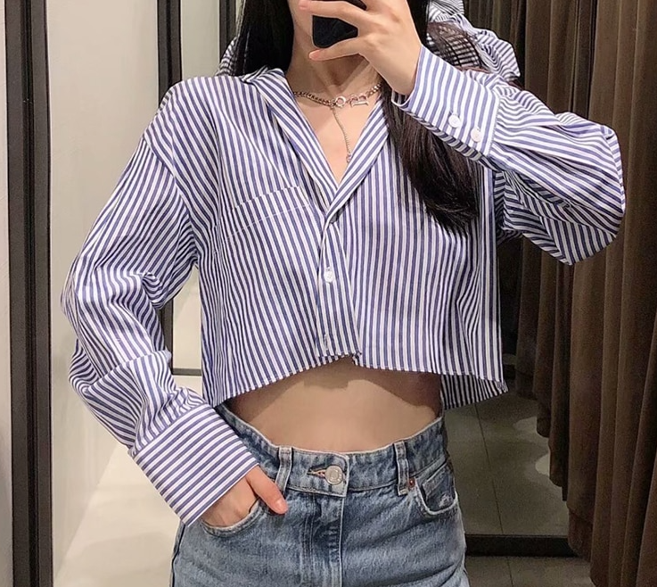 Dam Skjorta Långärmad Karo Mönster Polyester Crop-2