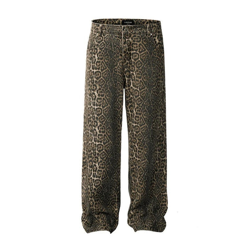 Kvinnors Vintage Jeans Rak Passform Mjuk Elastisk Denim Leopardmönster-1