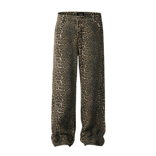 Kvinnors Vintage Jeans Rak Passform Mjuk Elastisk Denim Leopardmönster-1