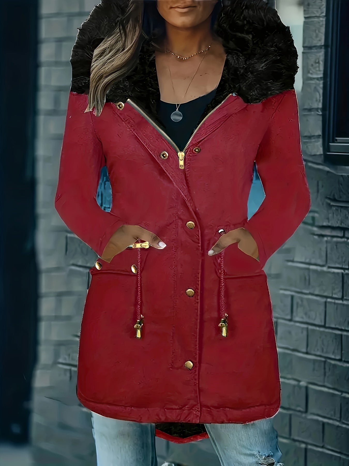 Variant image for Vinterjacka Dam Lång Parka med Huva och Knappdetaljer Hållbart Material-6