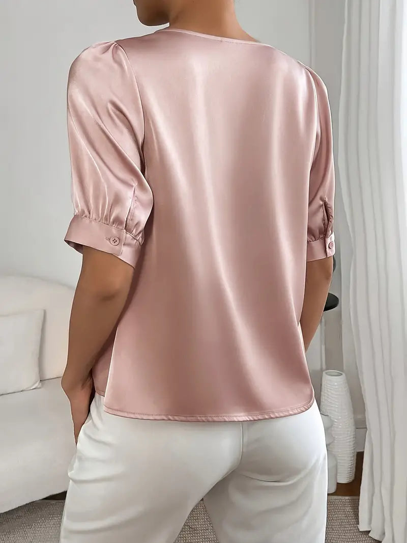 Dam Blus Puffärmar Pärldetaljer Lätta Material-2