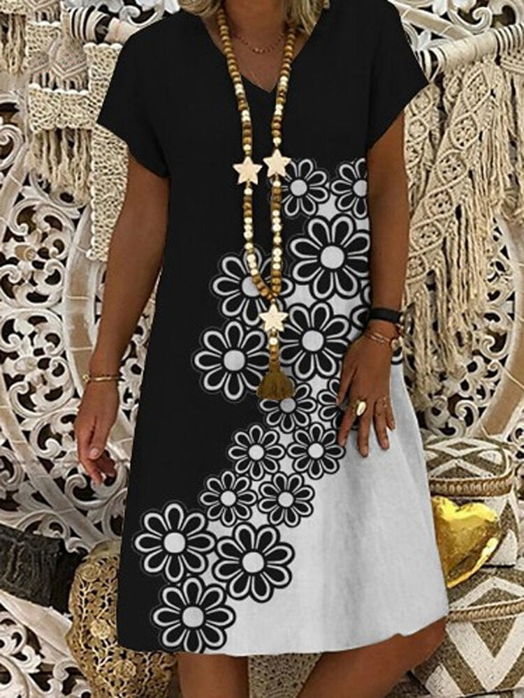 Kvinnors Mini Klänning V-ringning Blommönster Polyester 3