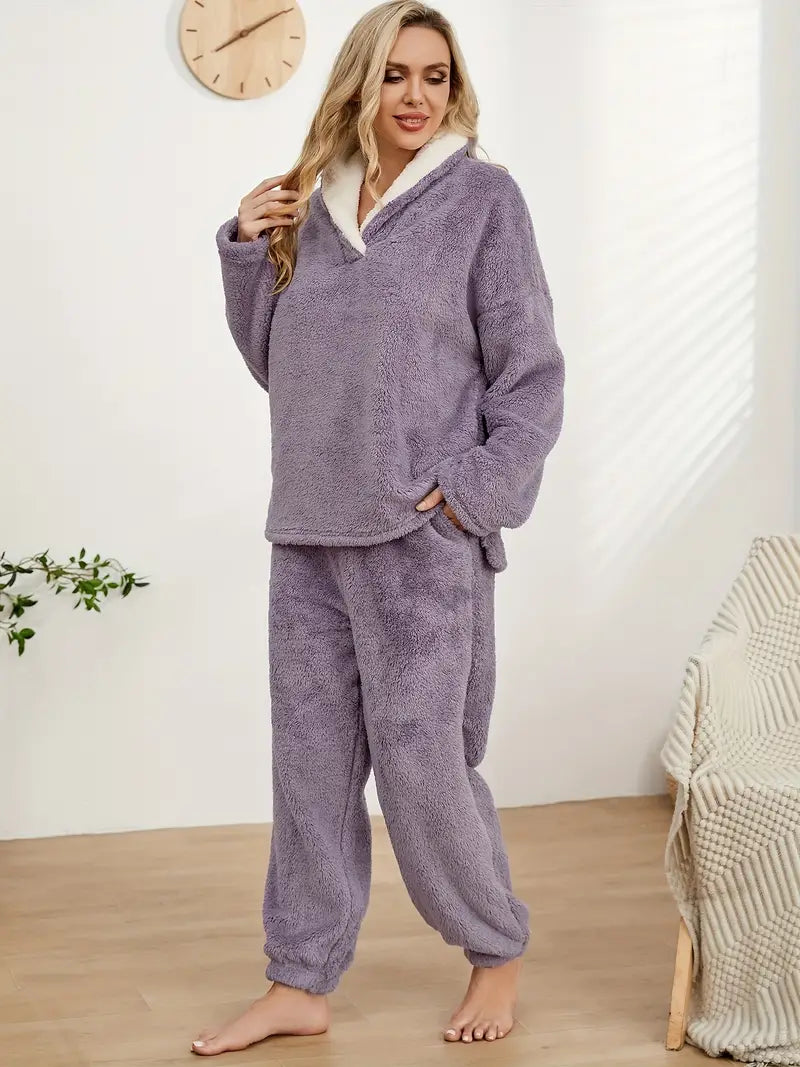 Dam Loungewear Set V-Ringad Thermoflanell Avslappnad Passform 11