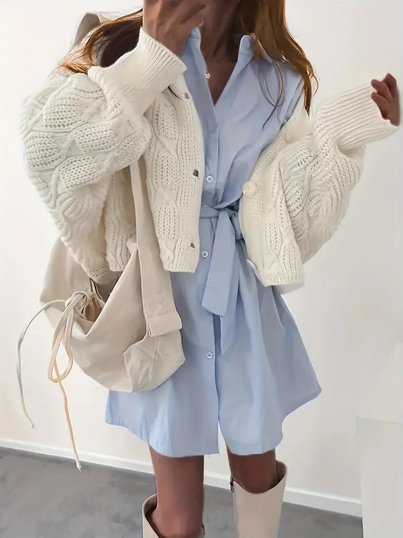 Kofta Dam Kabelmönster Knappstängning Mjuk Ullkofta-5