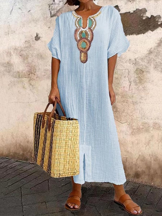 Variant image for Dam Klänning Kaftan Maxi med Broderi i Bomull och Linne-19