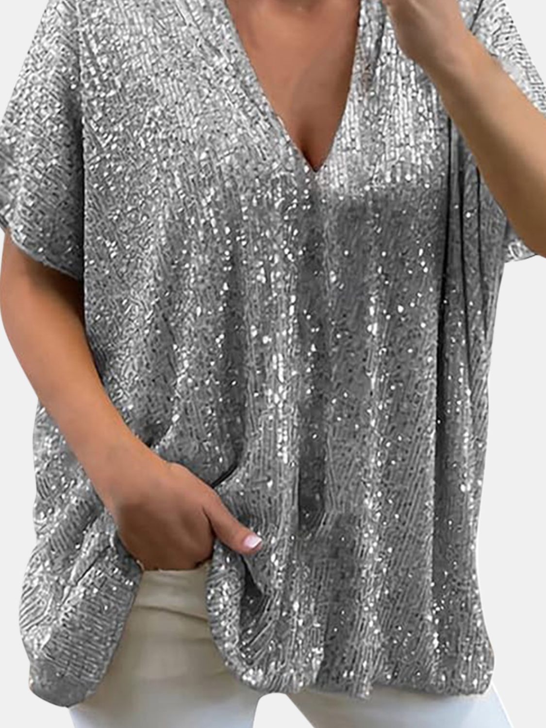 Kortärmad Blus Dam V-ringning med Paljetter i Polyester-2