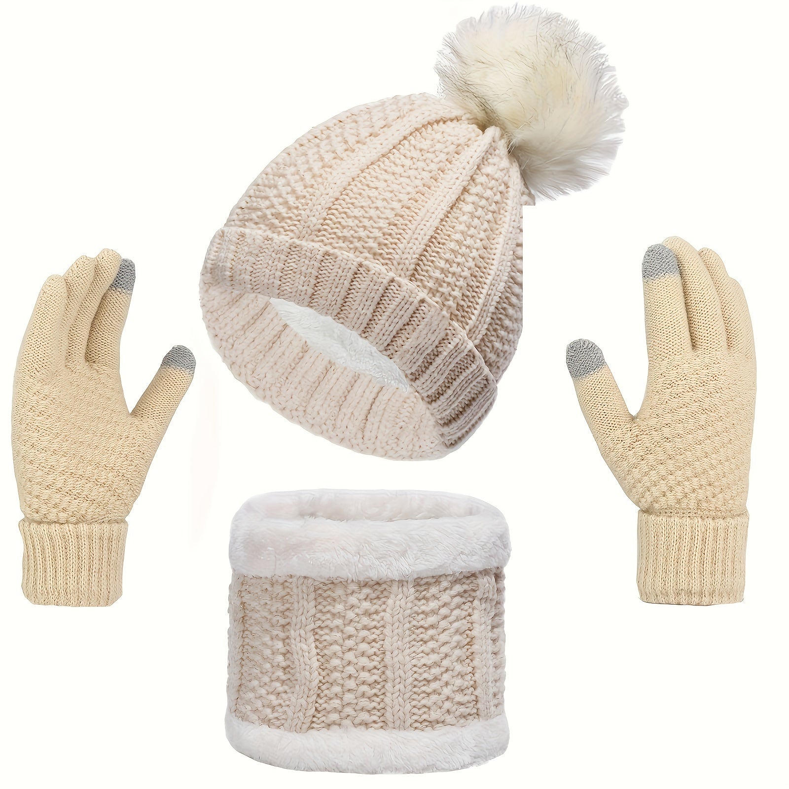 Variant image for Kvinnors Vinteruppsättning Hatt Halsduk Handskar Stickad Kvalitet-2
