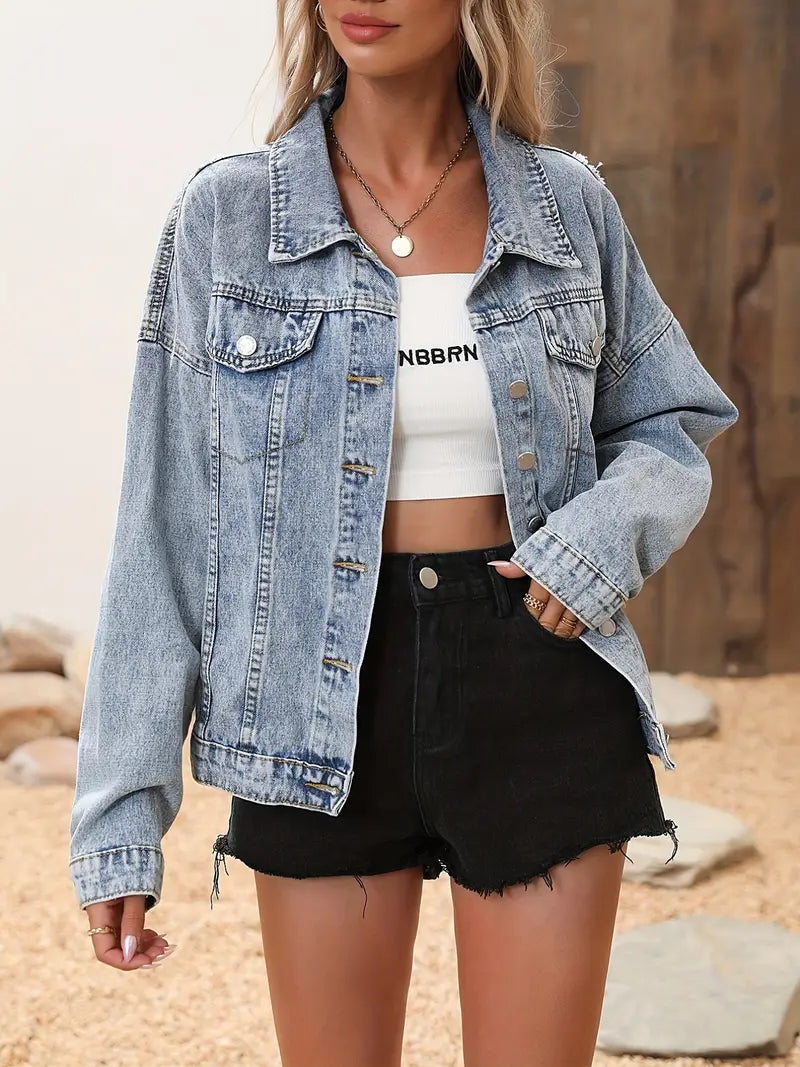 Lång Jeansjacka Dam Med Fransar Och Paljetter I Högkvalitativ Denim 1