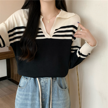 Variant image for Kvinna Långärmad Tröja Randig Andningsbart Tyg med Krage-15