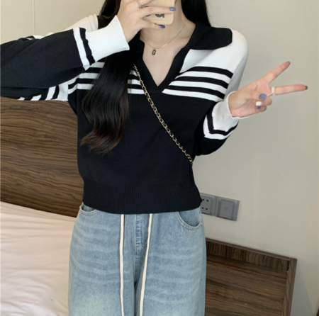 Variant image for Kvinna Långärmad Tröja Randig Andningsbart Tyg med Krage-8