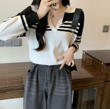 Variant image for Kvinna Långärmad Tröja Randig Andningsbart Tyg med Krage-22