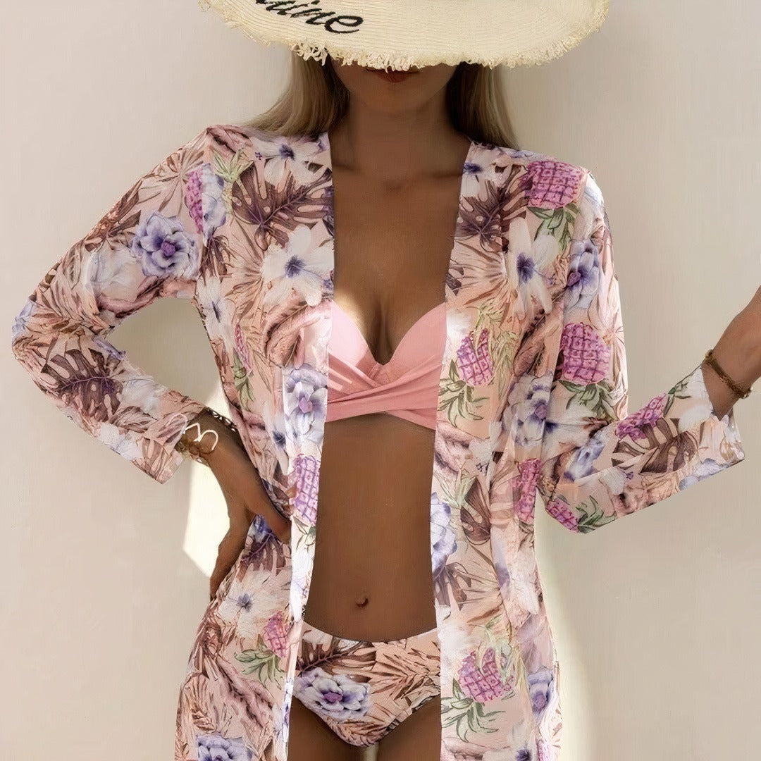 Dam Bikiniuppsättning med Blommönster och Kimono i Snabbtorkande Material-6