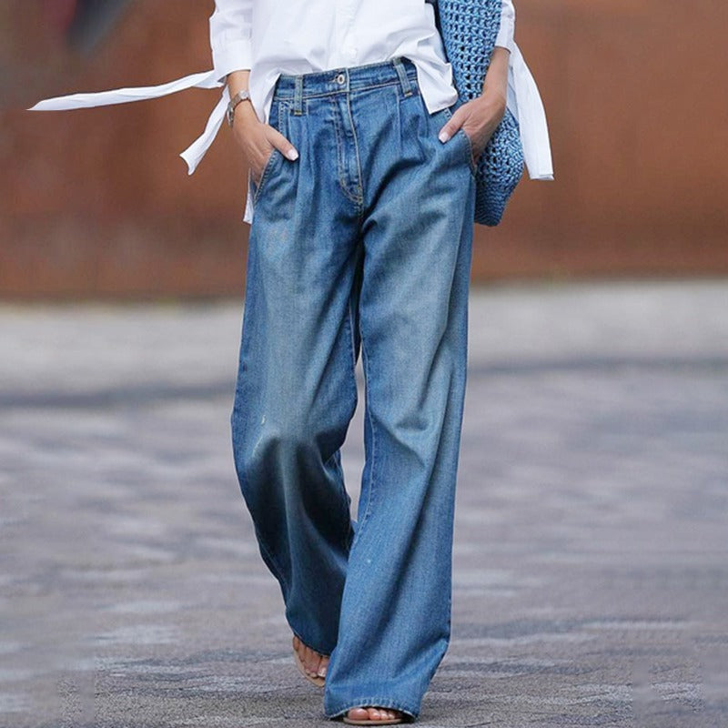 Damjeans Hög Midja Breda Denim Retro Stil-2