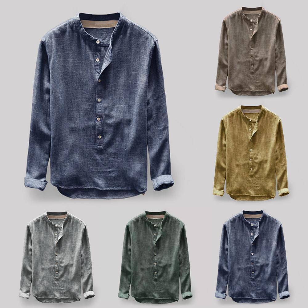 Herrenblus Henley-Krage Linneblandning Smal Passform 2