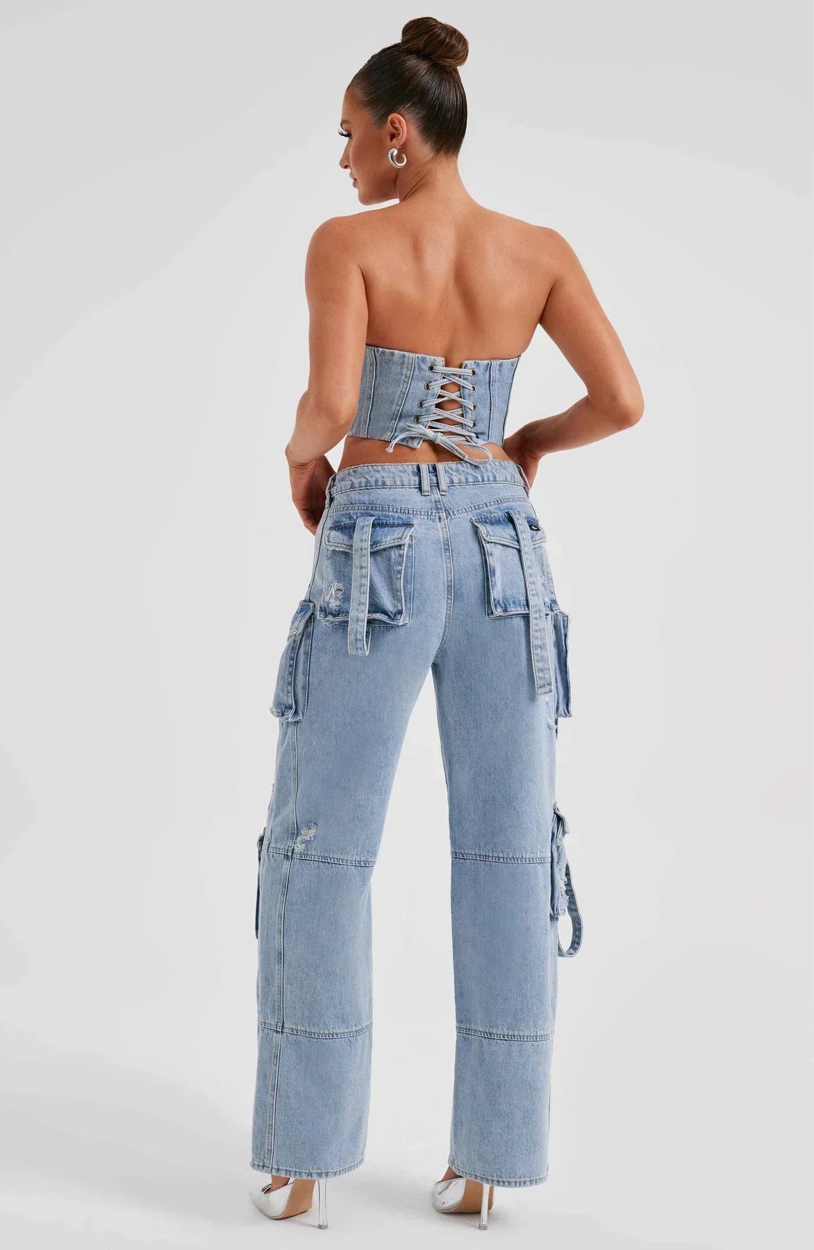 Damset Denim Korsett och Avslappnade Lastbyxor Streetwear-3