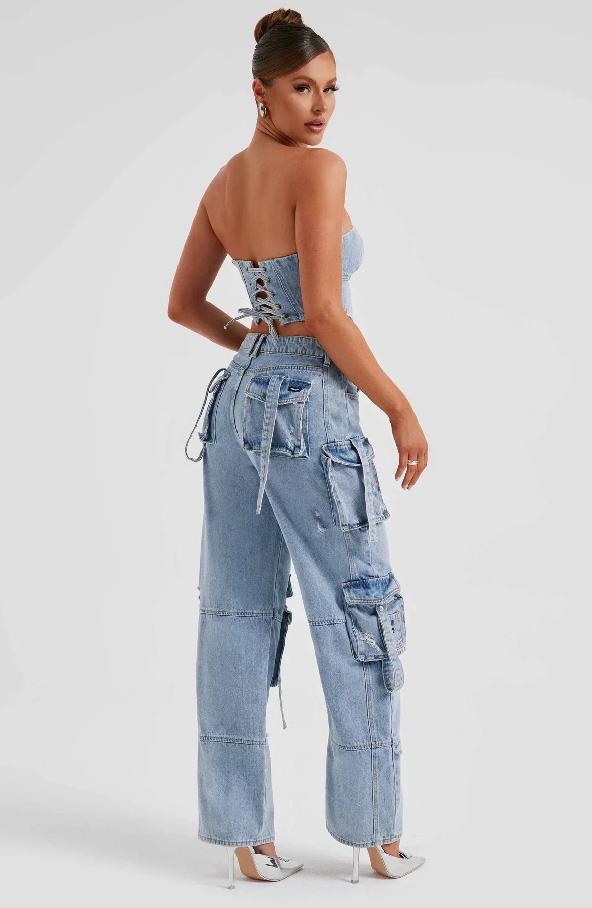 Damset Denim Korsett och Avslappnade Lastbyxor Streetwear-4