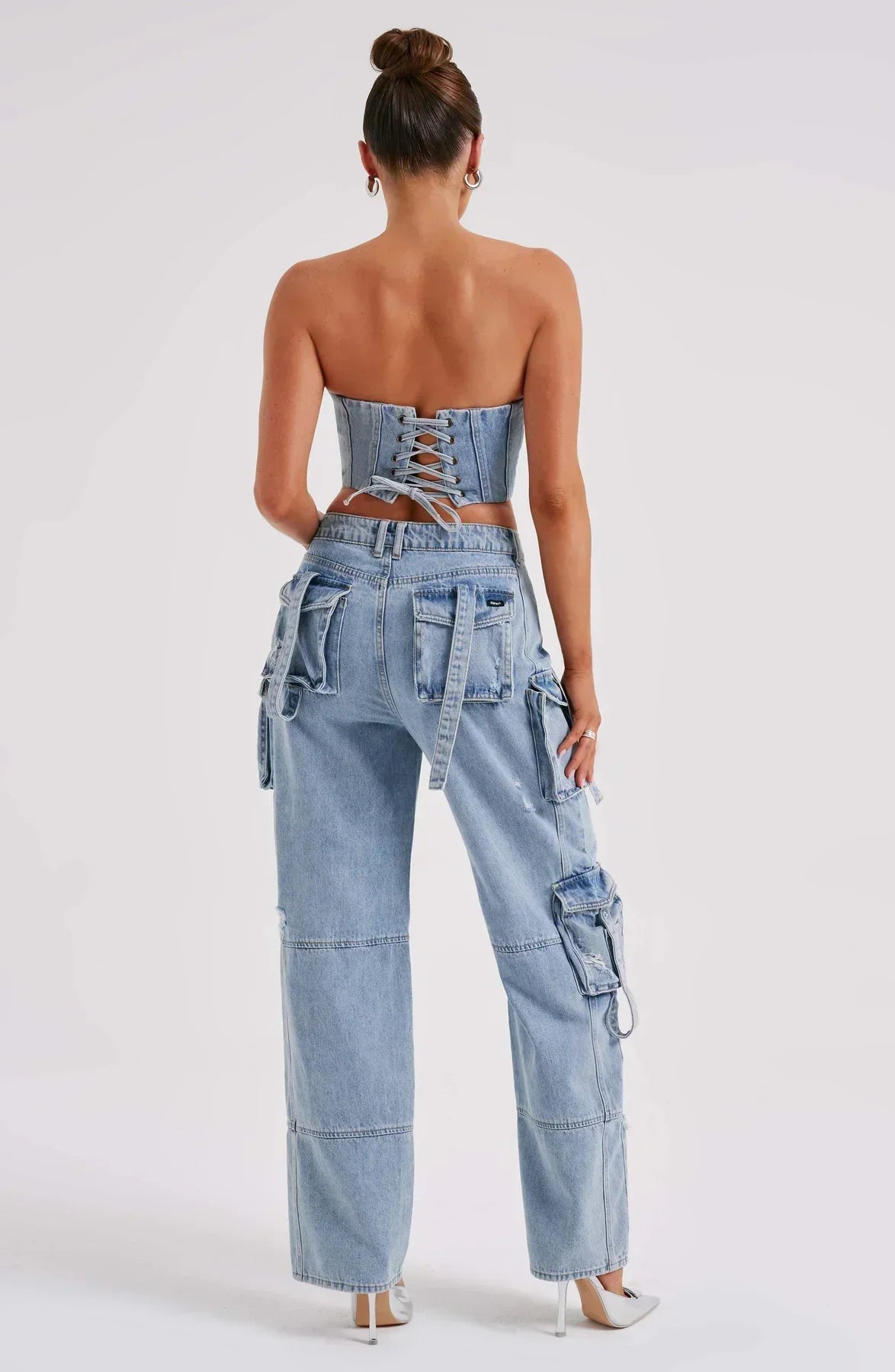 Damset Denim Korsett och Avslappnade Lastbyxor Streetwear-5