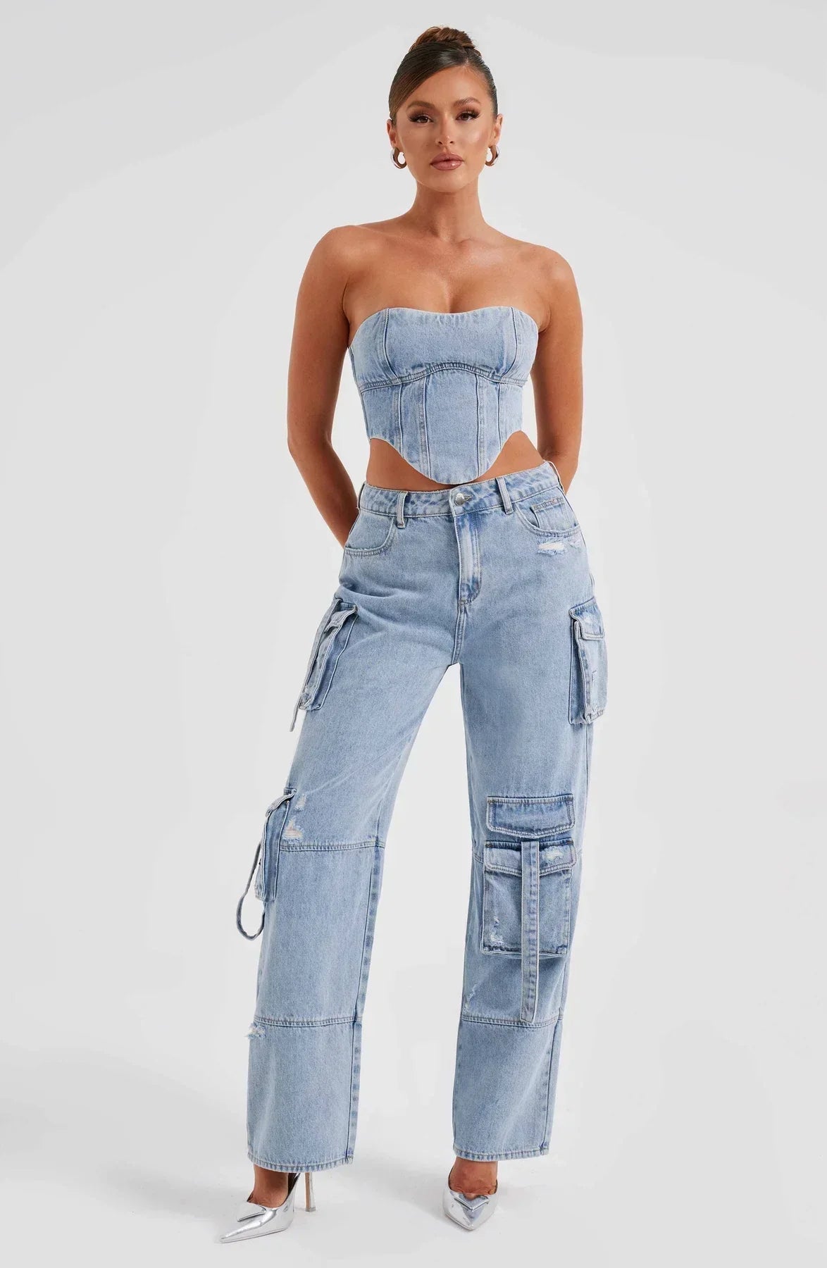 Damset Denim Korsett och Avslappnade Lastbyxor Streetwear-2