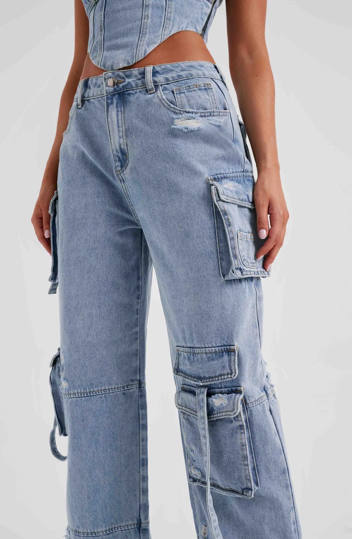 Damset Denim Korsett och Avslappnade Lastbyxor Streetwear-6