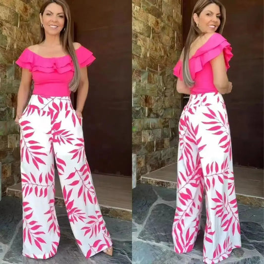 Dam Tvådelad Uppsättning Rufsad Topp Syntetfibrer Mönstrade Byxor-1