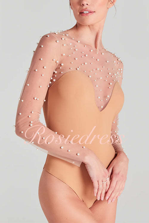 Dam Bodysuit Transparent Mesh med Pärldekoration Polyester-5