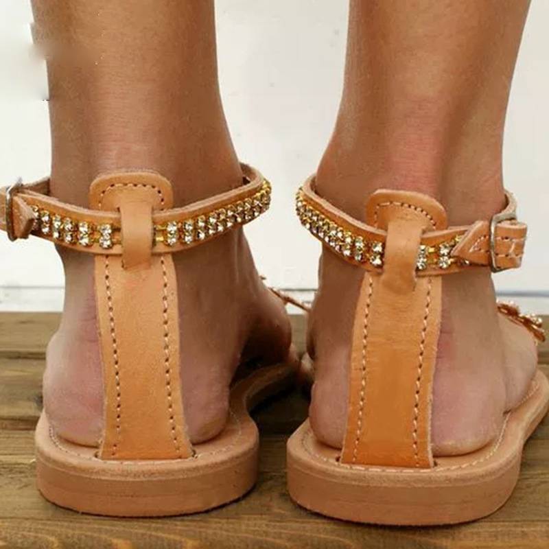 Dam Sandaler Platta PU-läder med Blommor och Strass-5